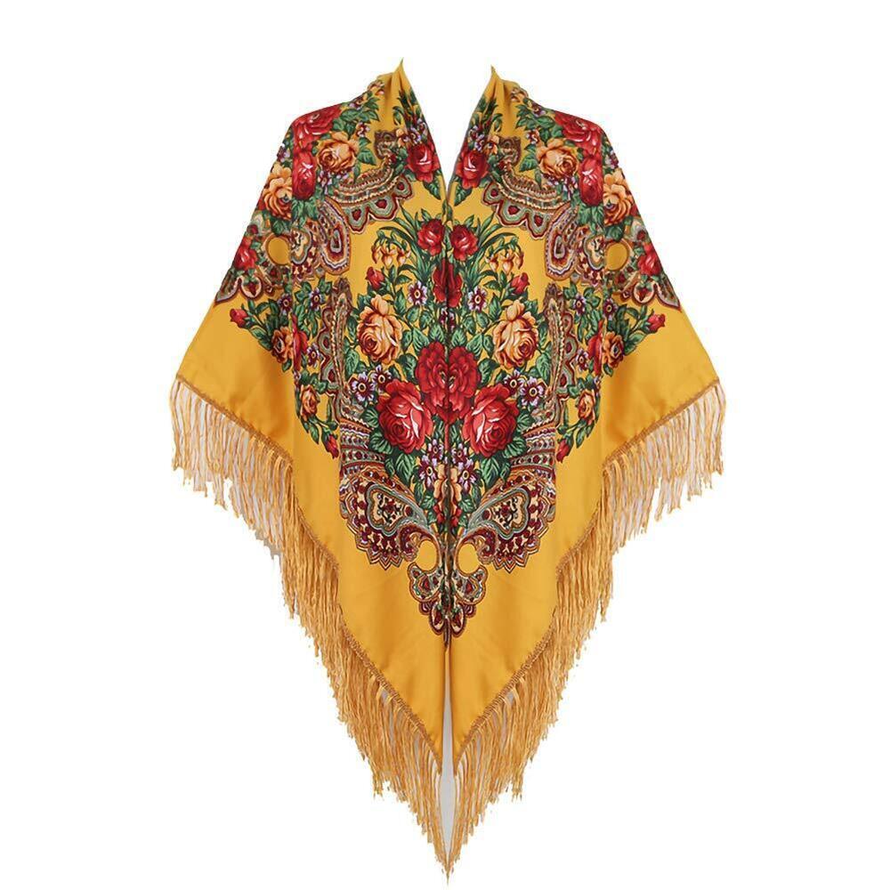 Yellow Floral Fringe Silk-Feel Shawl Wrap